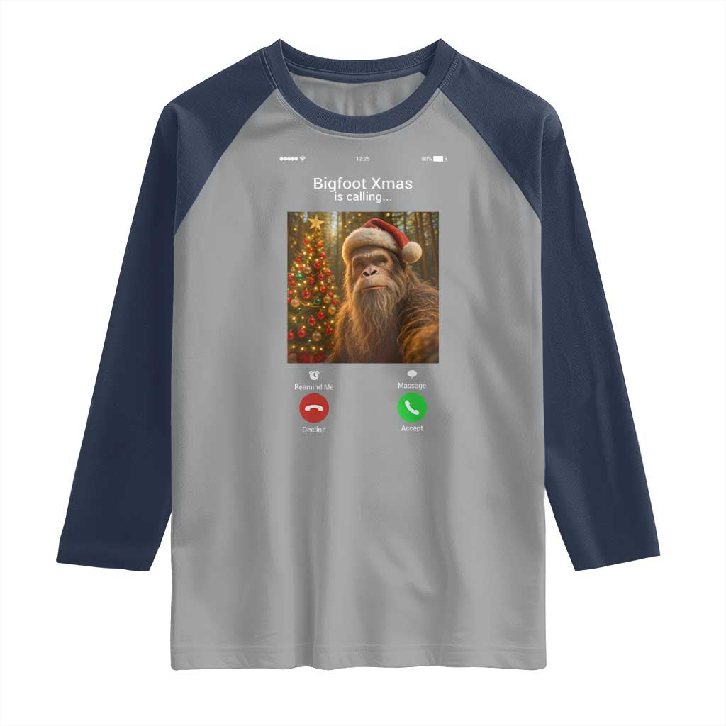 Funny Bigfoot Christmas Raglan Shirt Sasquatch Video Call Meme TS14 Sport Gray Navy Print Your Wear