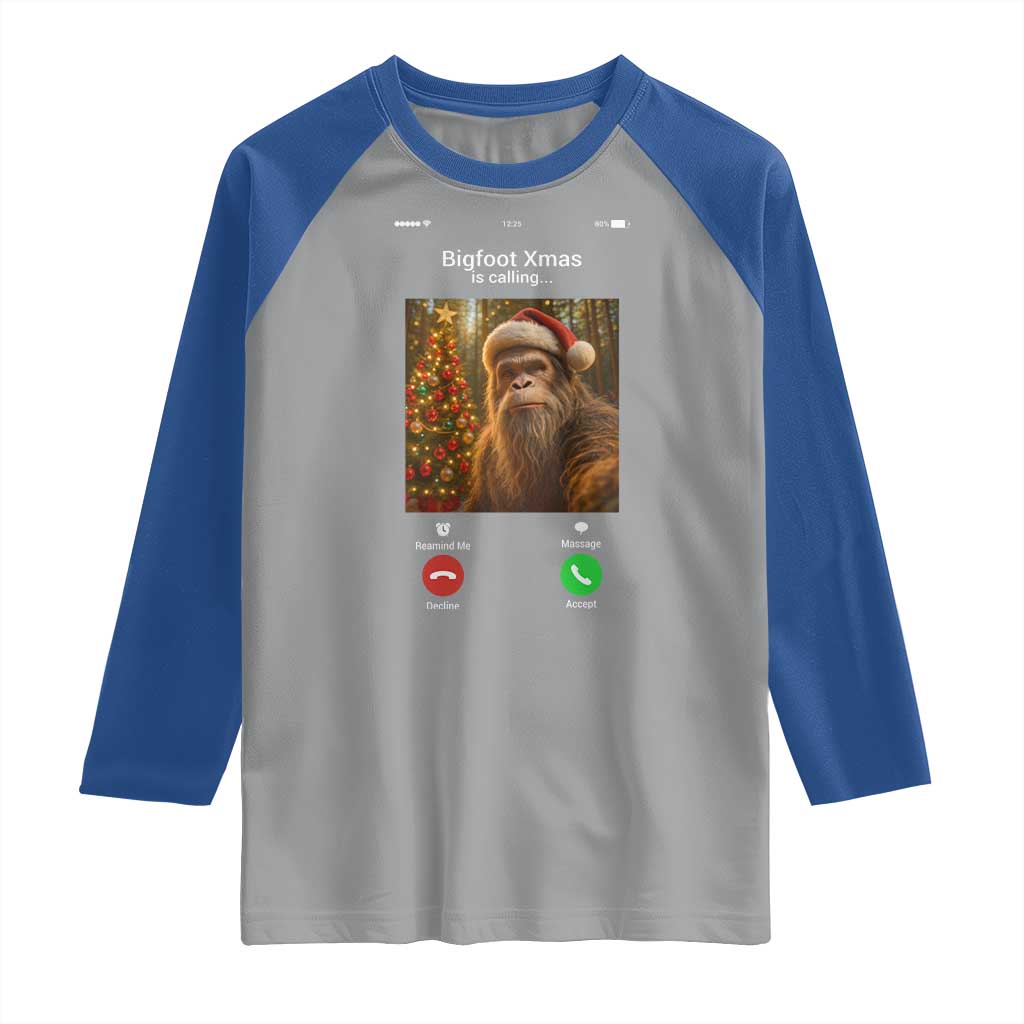 Funny Bigfoot Christmas Raglan Shirt Sasquatch Video Call Meme TS14 Sport Gray Royal Print Your Wear