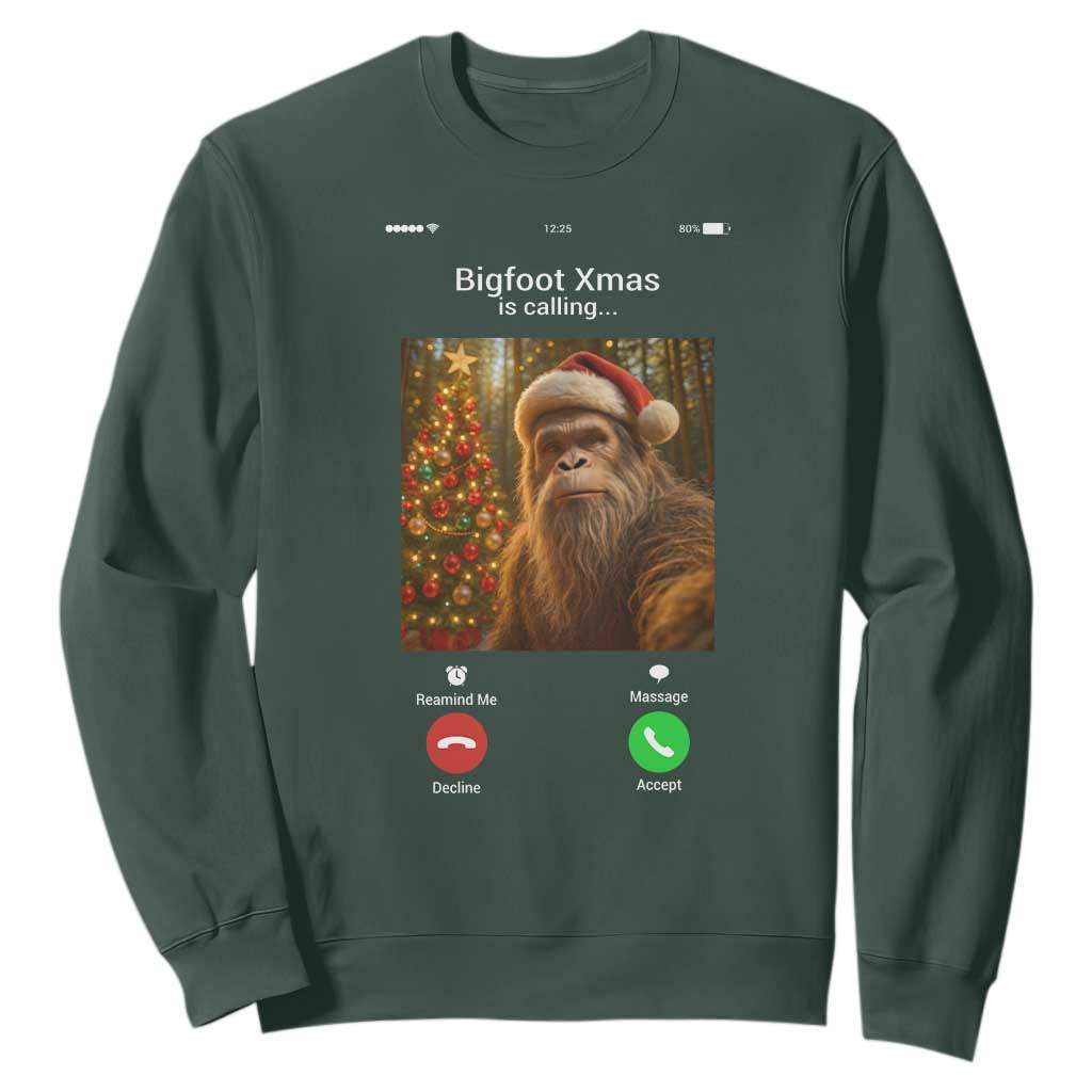 Funny Bigfoot Christmas Sweatshirt Sasquatch Video Call Meme TS14 Dark Forest Green Print Your Wear