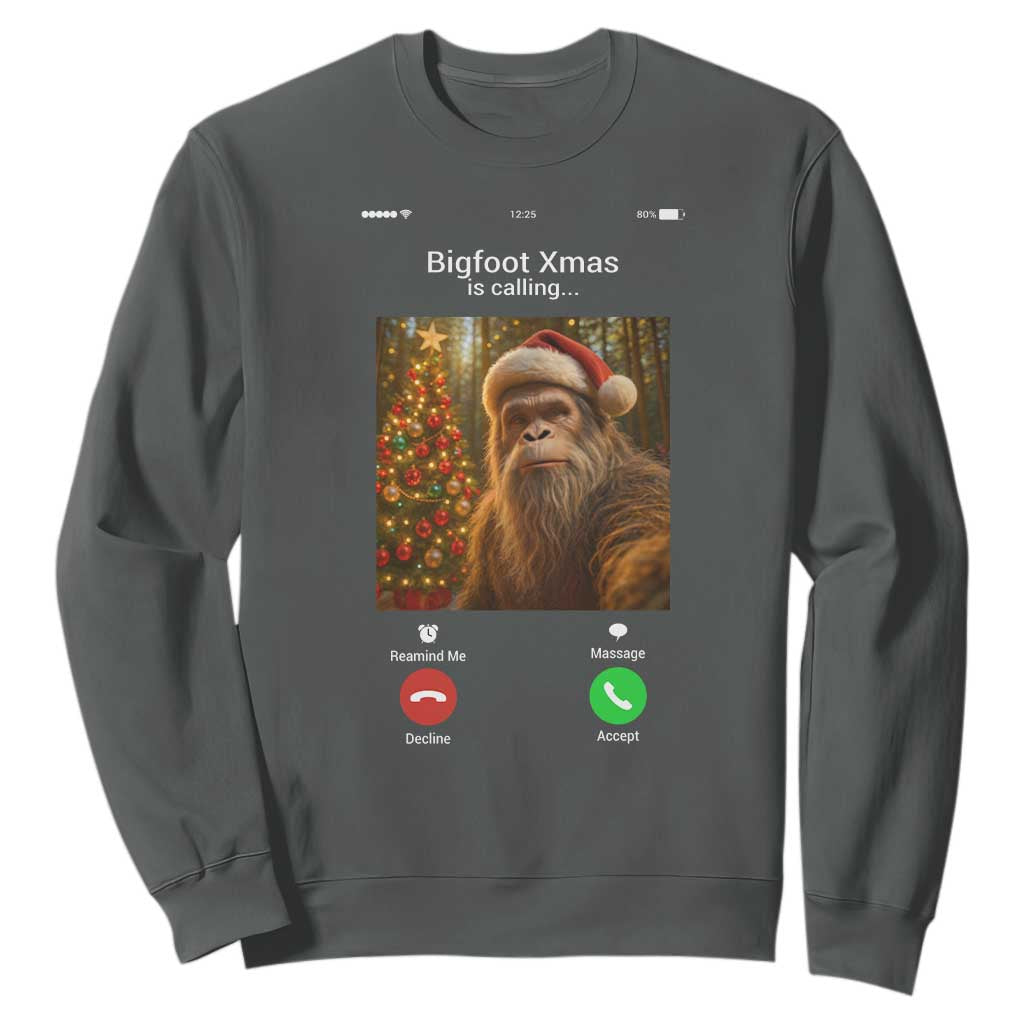 Funny Bigfoot Christmas Sweatshirt Sasquatch Video Call Meme TS14 Dark Heather Print Your Wear