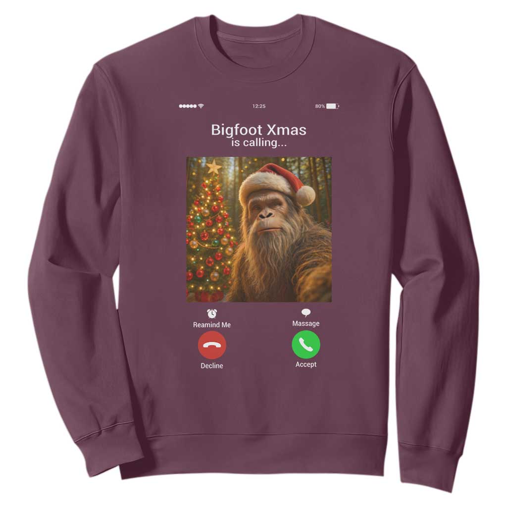 Funny Bigfoot Christmas Sweatshirt Sasquatch Video Call Meme TS14 Maroon Print Your Wear