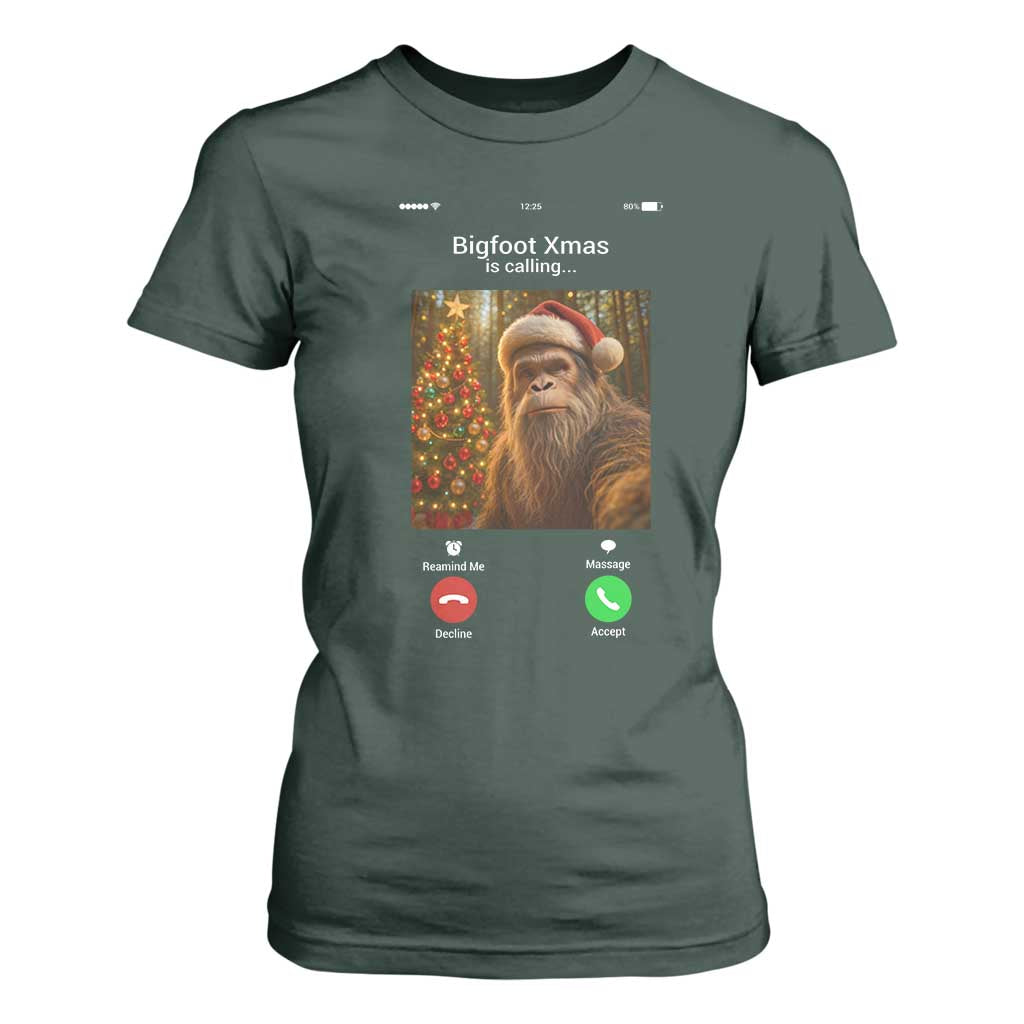 Funny Bigfoot Christmas T Shirt For Women Sasquatch Video Call Meme TS14 Dark Forest Green Print Your Wear