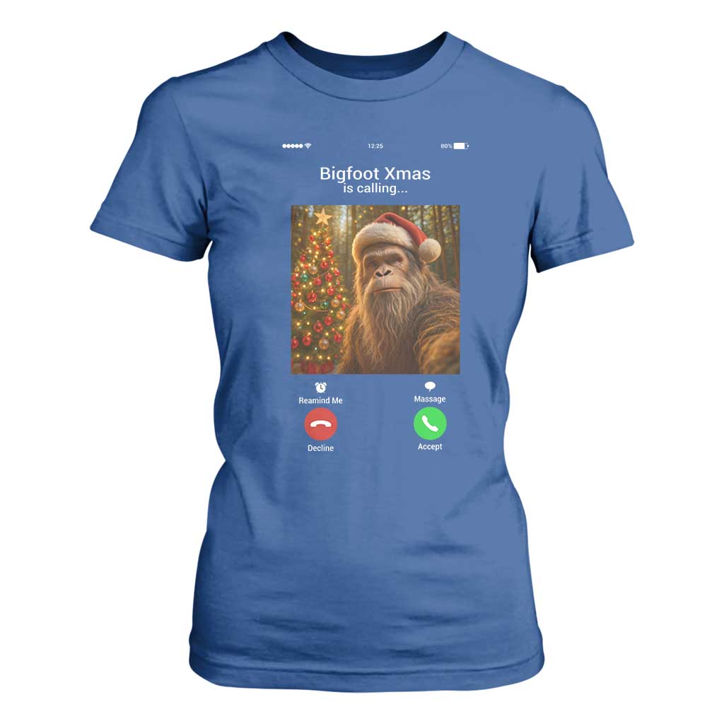 Funny Bigfoot Christmas T Shirt For Women Sasquatch Video Call Meme TS14 Royal Blue Print Your Wear