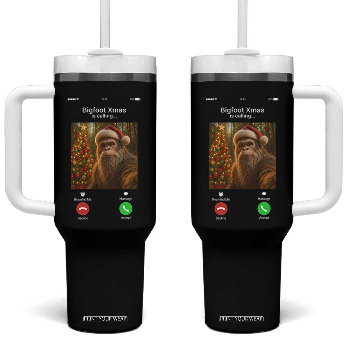 Funny Bigfoot Christmas Tumbler With Handle Sasquatch Video Call Meme - Print Your Wear