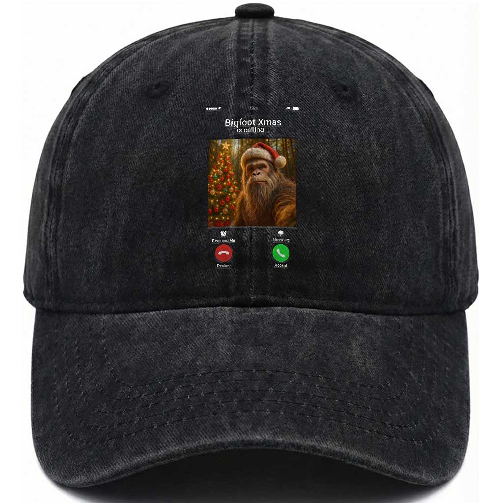 Funny Bigfoot Christmas Washed Cotton Baseball Cap Sasquatch Video Call Meme TS14 Washed Cap Universal Fit Black Print Your Wear