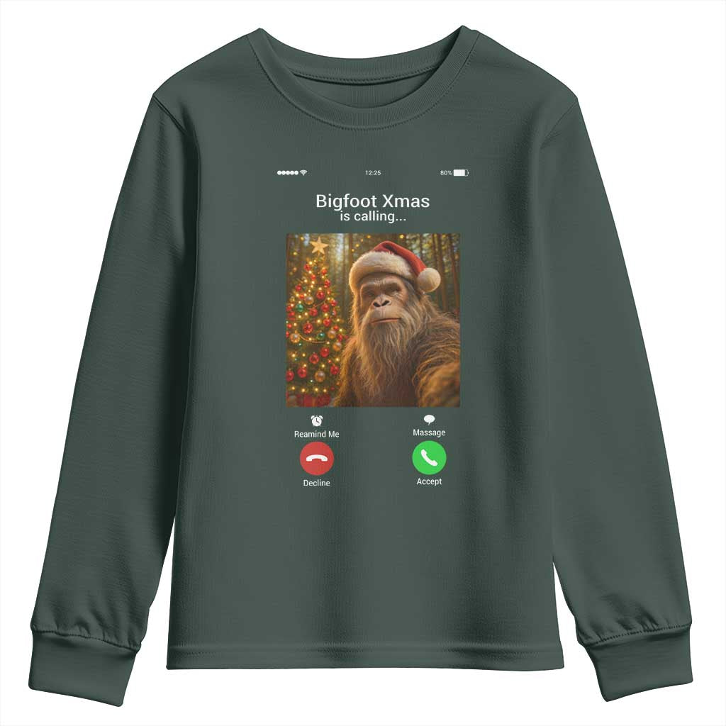 Funny Bigfoot Christmas Youth Sweatshirt Sasquatch Video Call Meme TS14 Dark Forest Green Print Your Wear