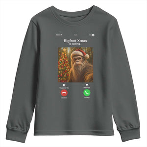 Funny Bigfoot Christmas Youth Sweatshirt Sasquatch Video Call Meme TS14 Dark Heather Print Your Wear