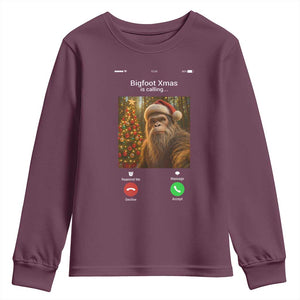 Funny Bigfoot Christmas Youth Sweatshirt Sasquatch Video Call Meme TS14 Maroon Print Your Wear