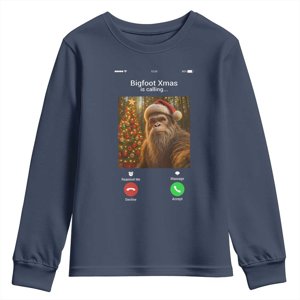 Funny Bigfoot Christmas Youth Sweatshirt Sasquatch Video Call Meme TS14 Navy Print Your Wear