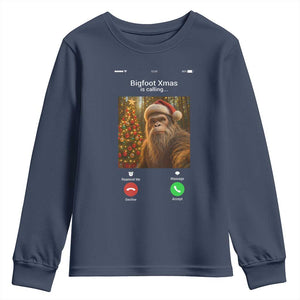 Funny Bigfoot Christmas Youth Sweatshirt Sasquatch Video Call Meme TS14 Navy Print Your Wear