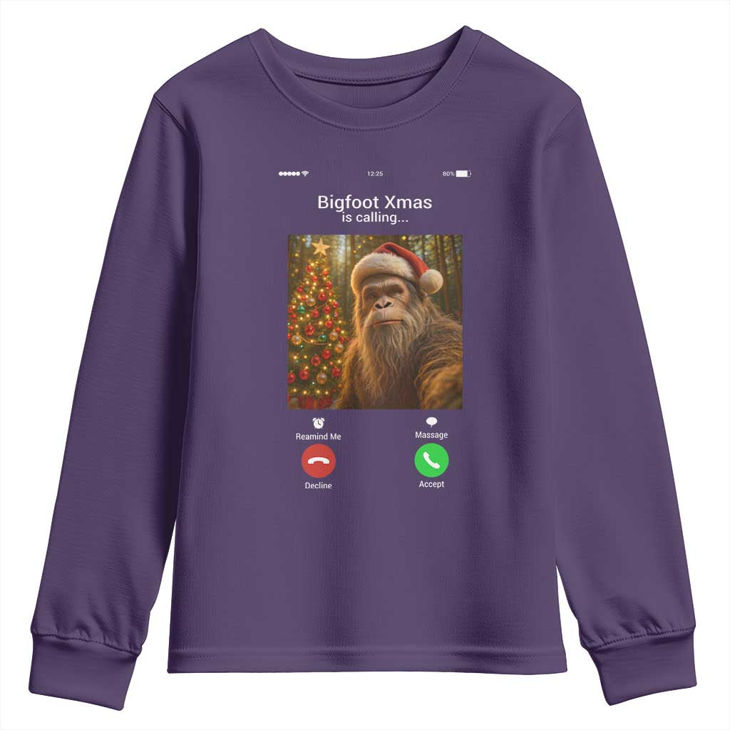 Funny Bigfoot Christmas Youth Sweatshirt Sasquatch Video Call Meme TS14 Purple Print Your Wear