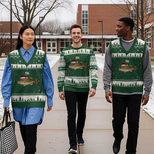Funny Misspelled FishXmas Meme V-Neck Knit Sweater Vest TS14 Forest Green Beige Print Your Wear