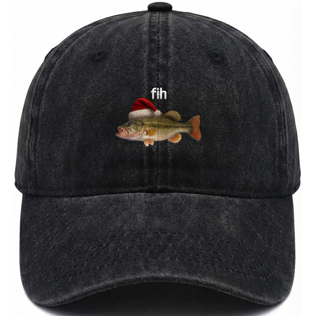 Funny Misspelled Fish Christmas Meme Washed Cotton Baseball Cap TS14 Washed Cap Universal Fit Black Print Your Wear