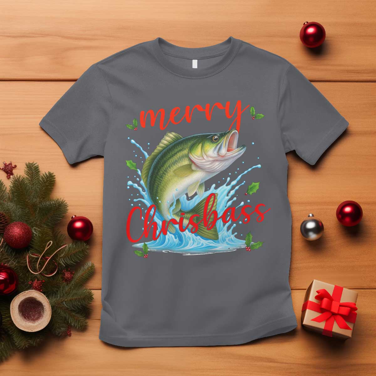 Bass Fish Christmas T Shirt Merry Chrisbass TS14 Charcoal Print Your Wear