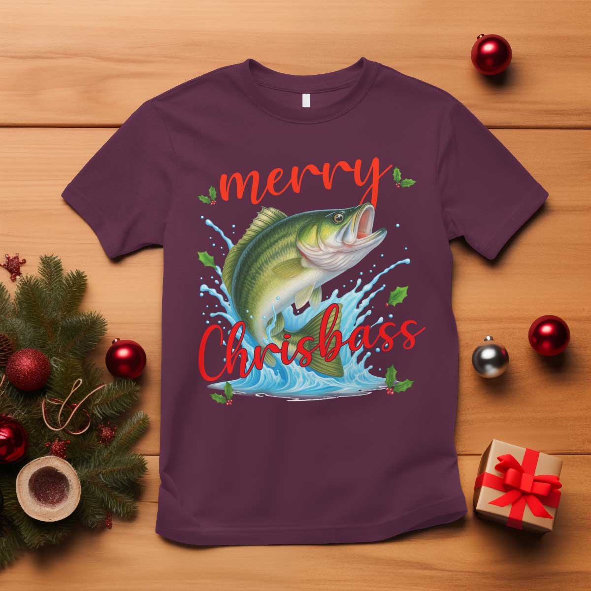 Bass Fish Christmas T Shirt Merry Chrisbass TS14 Maroon Print Your Wear