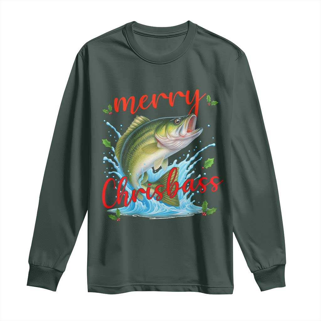 Bass Fish Christmas Long Sleeve Shirt Merry Chrisbass TS14 Dark Forest Green Print Your Wear