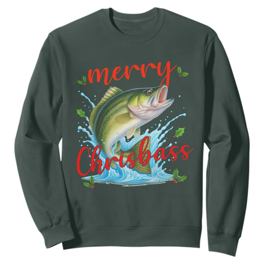 Bass Fish Christmas Sweatshirt Merry Chrisbass TS14 Dark Forest Green Print Your Wear