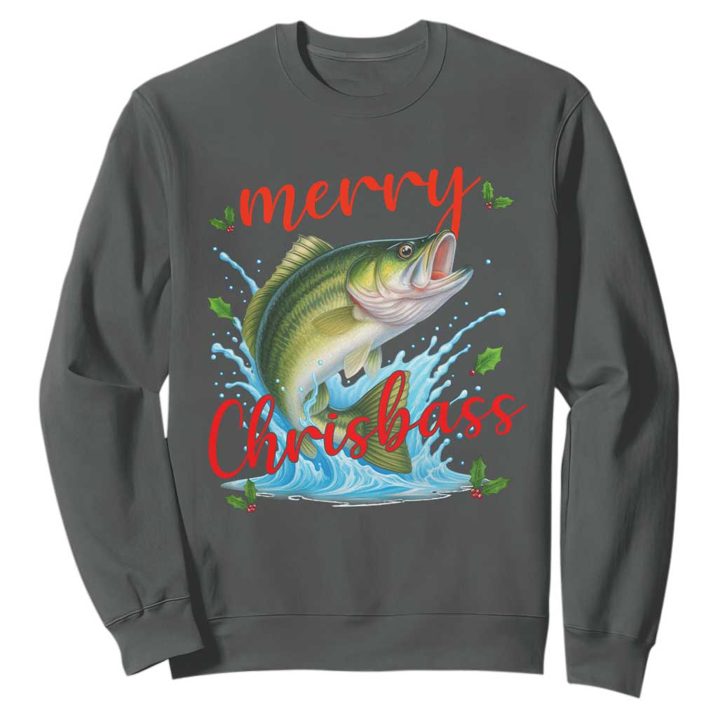 Bass Fish Christmas Sweatshirt Merry Chrisbass TS14 Dark Heather Print Your Wear