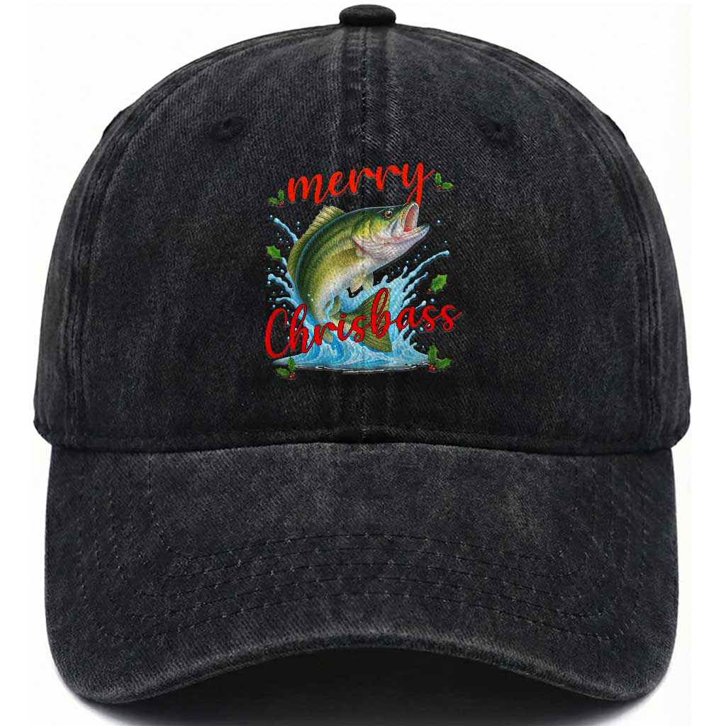 Bass Fish Christmas Washed Cotton Baseball Cap Merry Chrisbass TS14 Washed Cap Universal Fit Black Print Your Wear