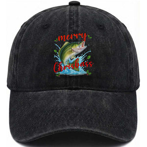 Bass Fish Christmas Washed Cotton Baseball Cap Merry Chrisbass TS14 Washed Cap Universal Fit Black Print Your Wear