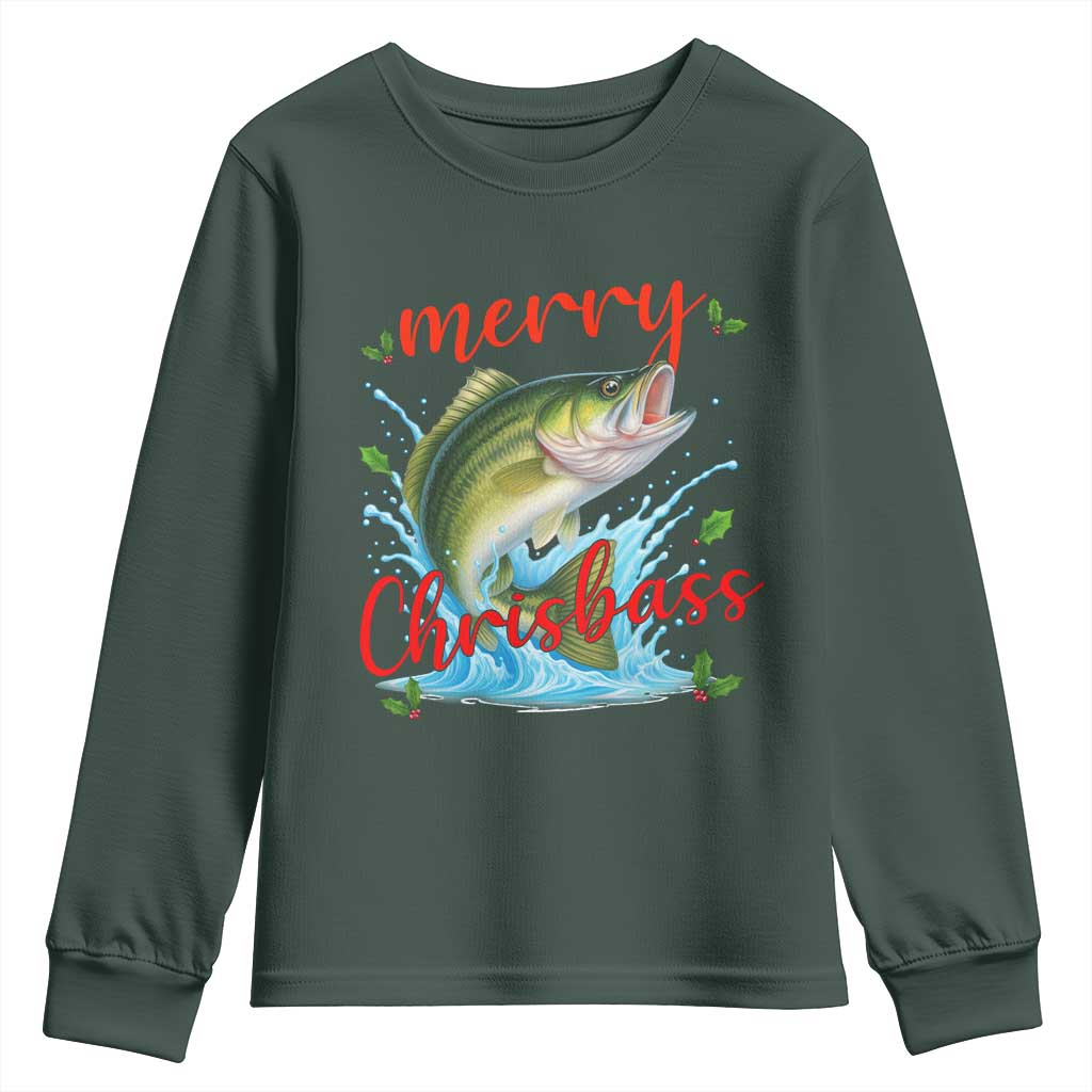 Bass Fish Christmas Youth Sweatshirt Merry Chrisbass TS14 Dark Forest Green Print Your Wear