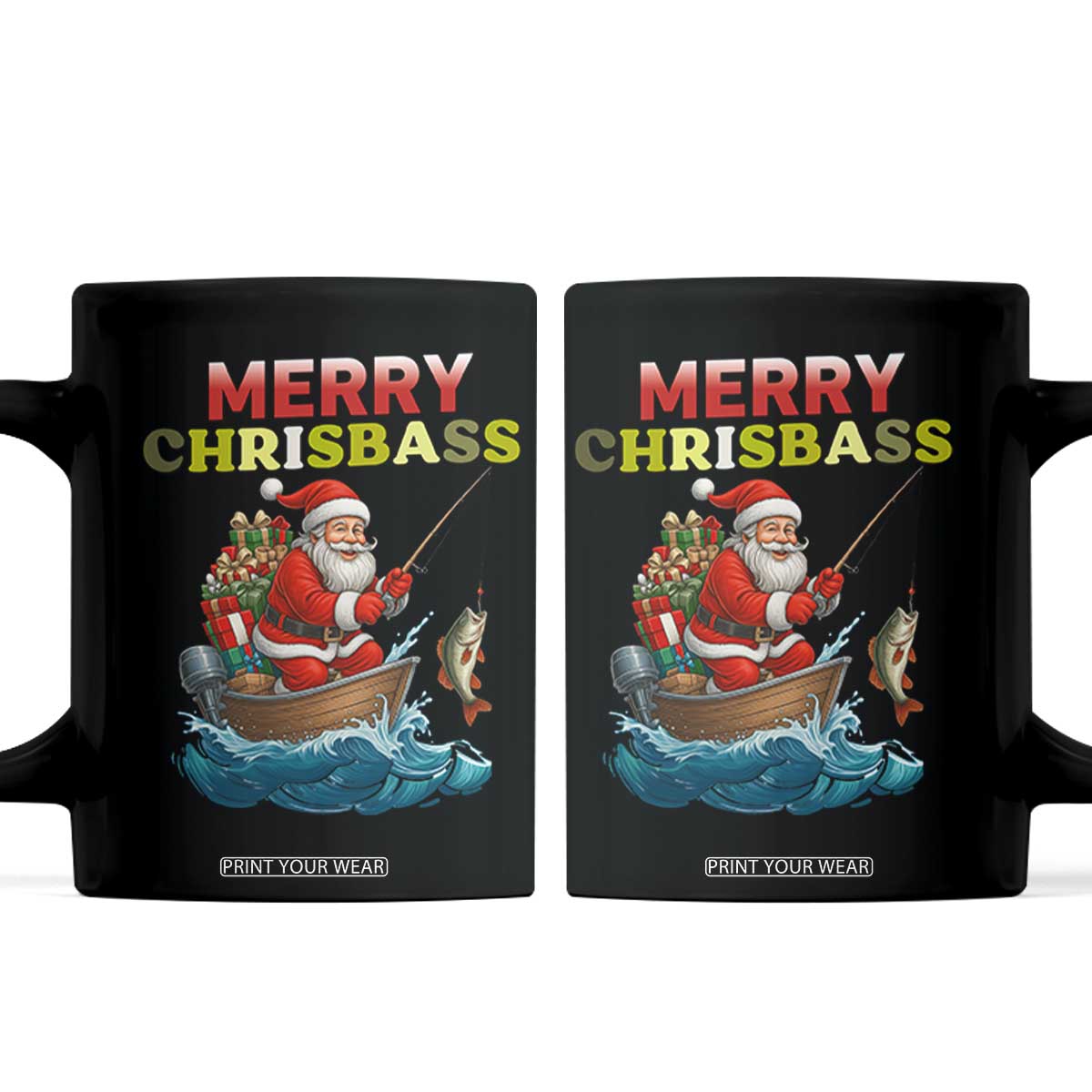 Santa Fishing Christmas Coffee Mug Funny Fisherman Merry Chrisbass Xmas TS14 Black Print Your Wear