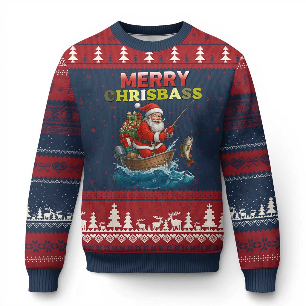 Santa Fishing Xmas Ugly Christmas Sweater Funny Fisherman Merry Chrisbass Xmas TS14 Navy Red Print Your Wear