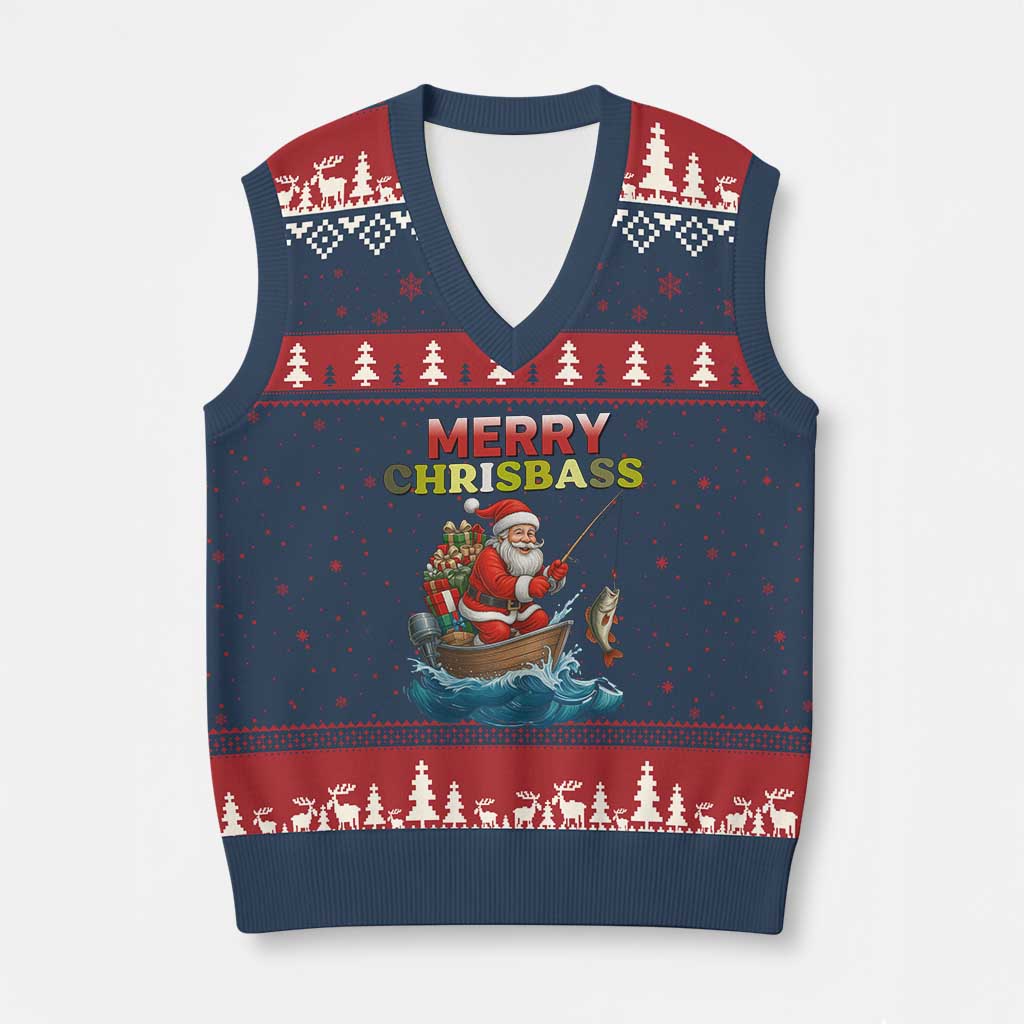 Santa Fishing Xmas V-Neck Knit Sweater Vest Funny Fisherman Merry Chrisbass Xmas TS14 Navy Red Print Your Wear