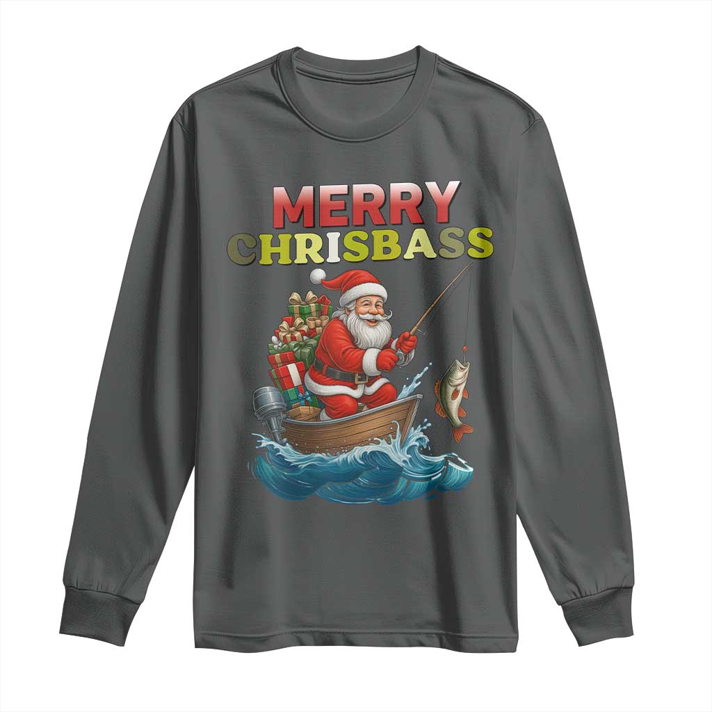 Santa Fishing Christmas Long Sleeve Shirt Funny Fisherman Merry Chrisbass Xmas TS14 Dark Heather Print Your Wear