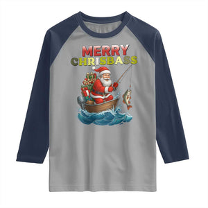 Santa Fishing Christmas Raglan Shirt Funny Fisherman Merry Chrisbass Xmas - Print Your Wear