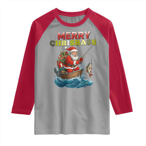Santa Fishing Christmas Raglan Shirt Funny Fisherman Merry Chrisbass Xmas - Print Your Wear