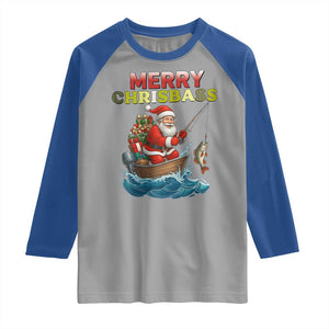 Santa Fishing Christmas Raglan Shirt Funny Fisherman Merry Chrisbass Xmas - Print Your Wear