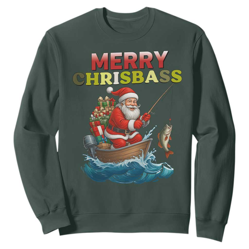Santa Fishing Christmas Sweatshirt Funny Fisherman Merry Chrisbass Xmas TS14 Dark Forest Green Print Your Wear