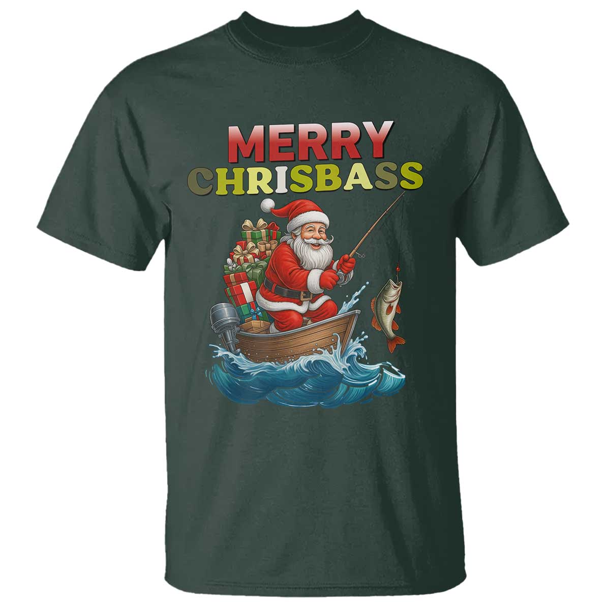Santa Fishing Christmas T Shirt Funny Fisherman Merry Chrisbass Xmas TS14 Dark Forest Green Print Your Wear