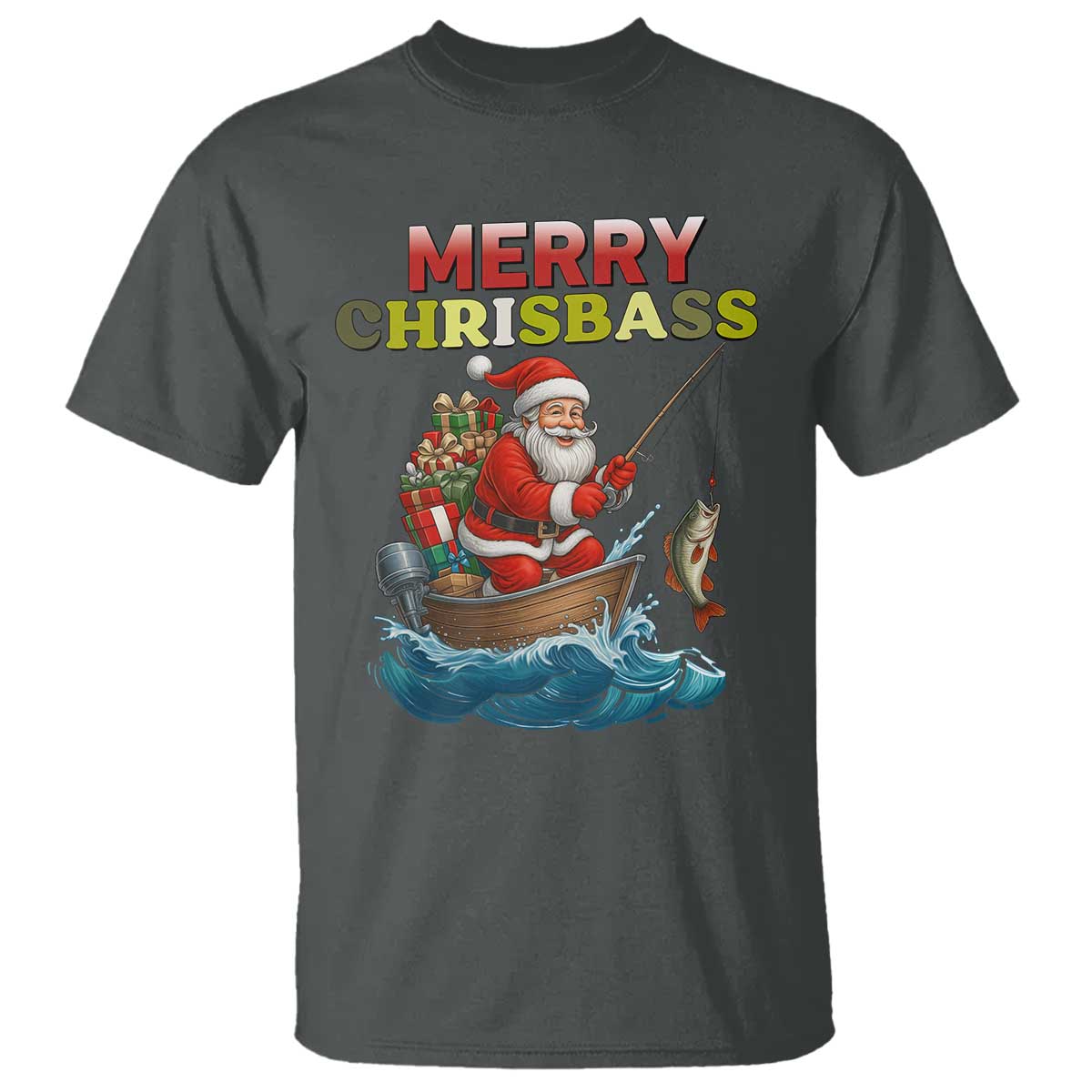 Santa Fishing Christmas T Shirt Funny Fisherman Merry Chrisbass Xmas TS14 Dark Heather Print Your Wear