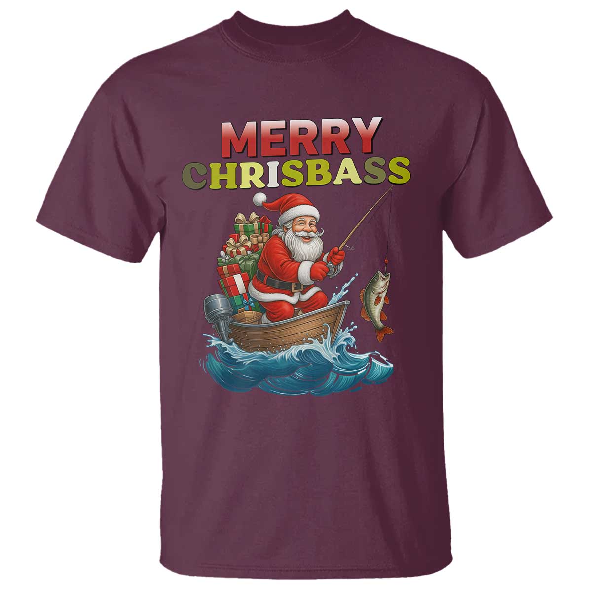 Santa Fishing Christmas T Shirt Funny Fisherman Merry Chrisbass Xmas TS14 Maroon Print Your Wear