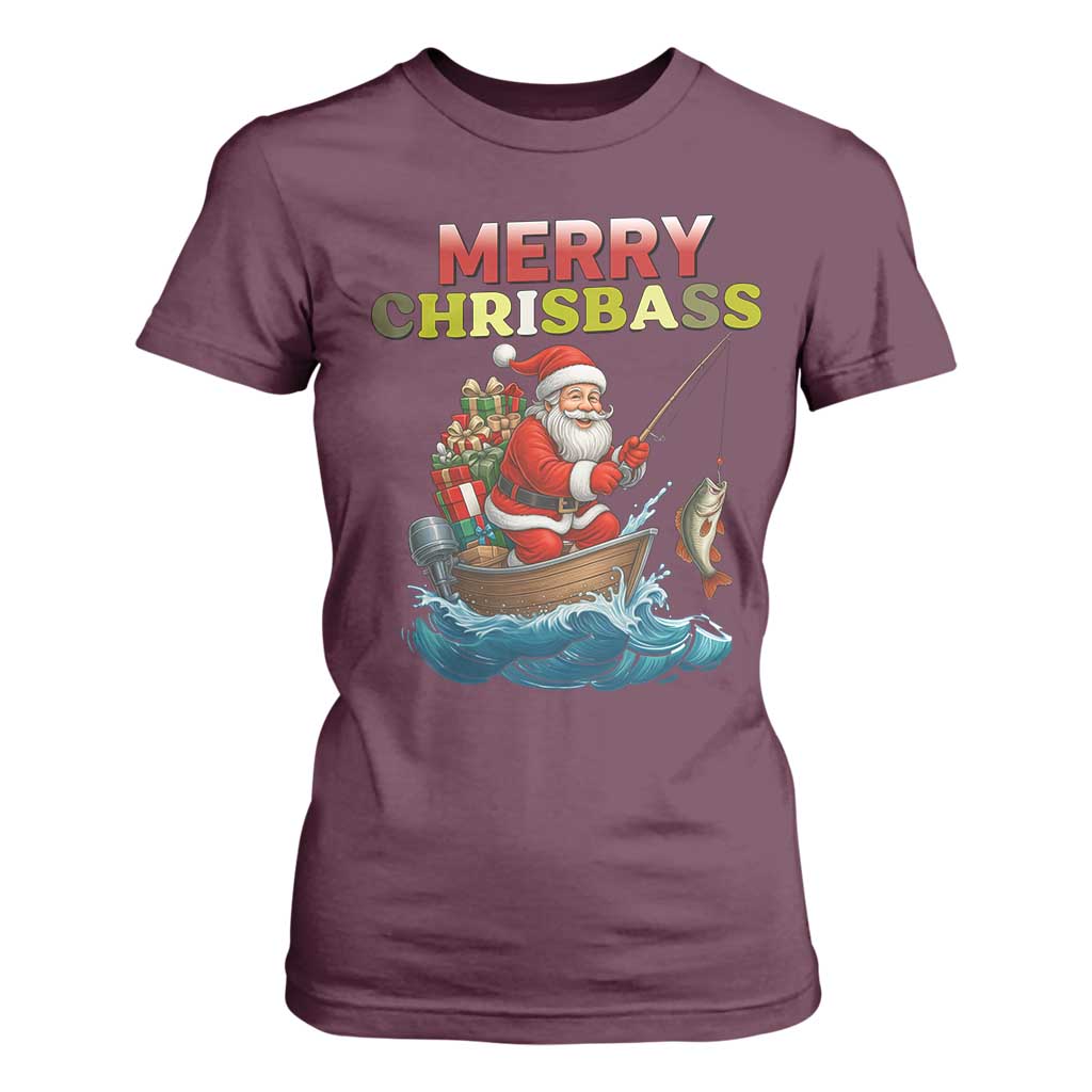 Santa Fishing Christmas T Shirt For Women Funny Fisherman Merry Chrisbass Xmas TS14 Maroon Print Your Wear