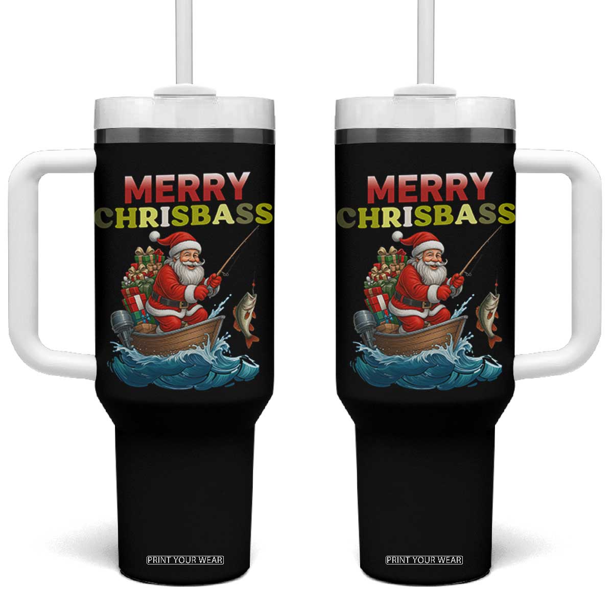 Santa Fishing Christmas Tumbler With Handle Funny Fisherman Merry Chrisbass Xmas TS14 One Size: 40 oz Black Print Your Wear