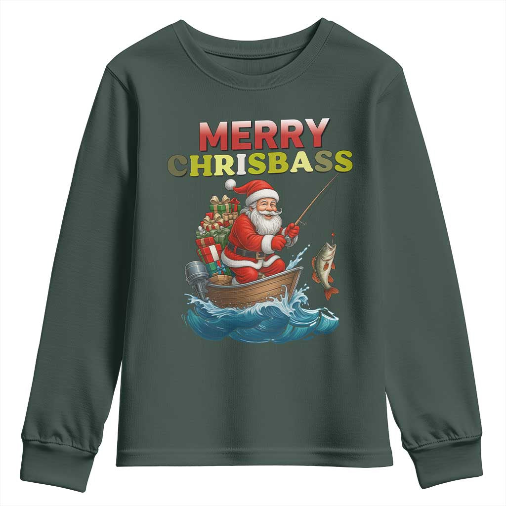 Santa Fishing Christmas Youth Sweatshirt Funny Fisherman Merry Chrisbass Xmas TS14 Dark Forest Green Print Your Wear