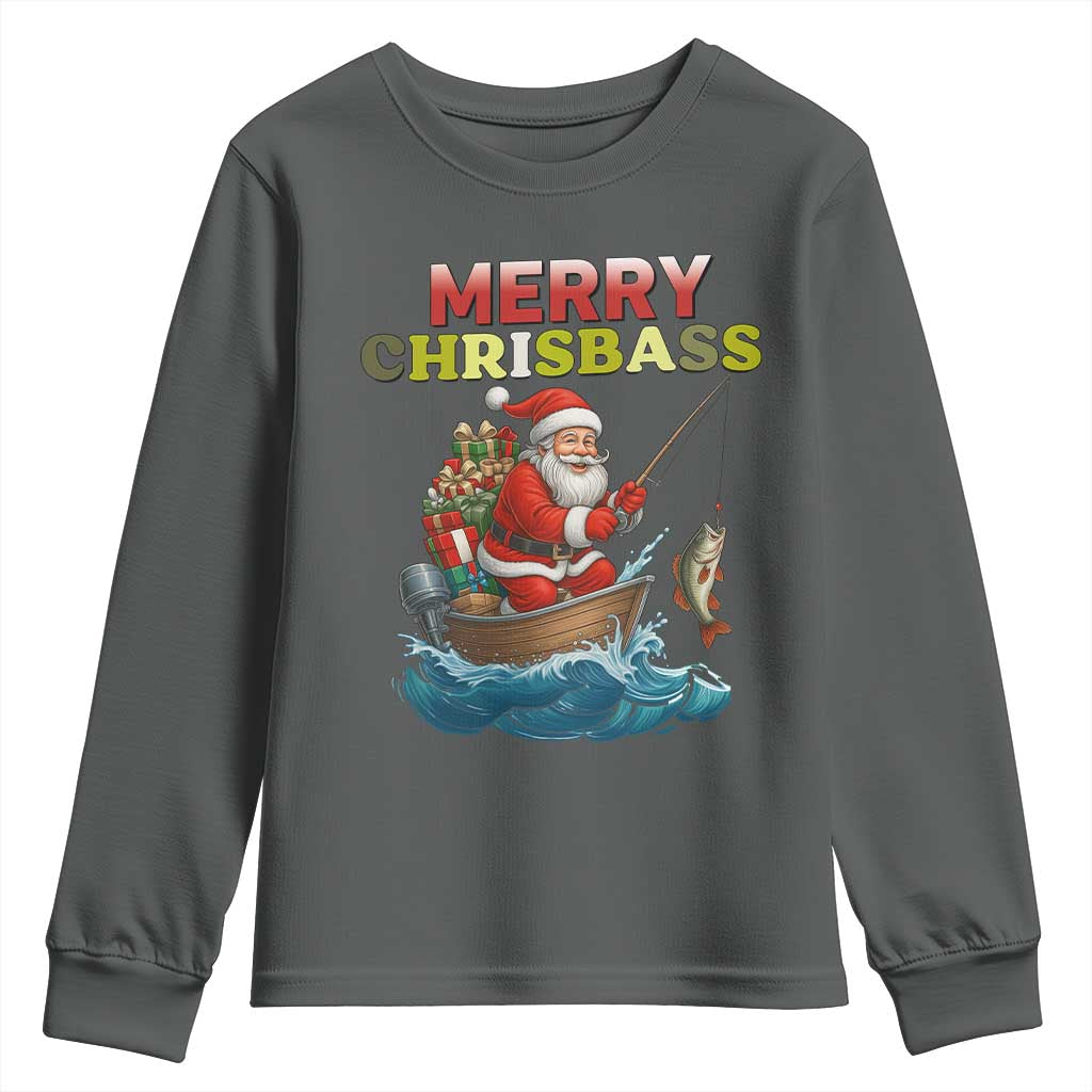 Santa Fishing Christmas Youth Sweatshirt Funny Fisherman Merry Chrisbass Xmas TS14 Dark Heather Print Your Wear