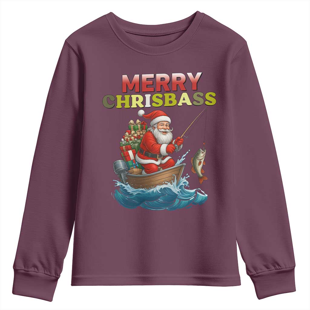 Santa Fishing Christmas Youth Sweatshirt Funny Fisherman Merry Chrisbass Xmas TS14 Maroon Print Your Wear