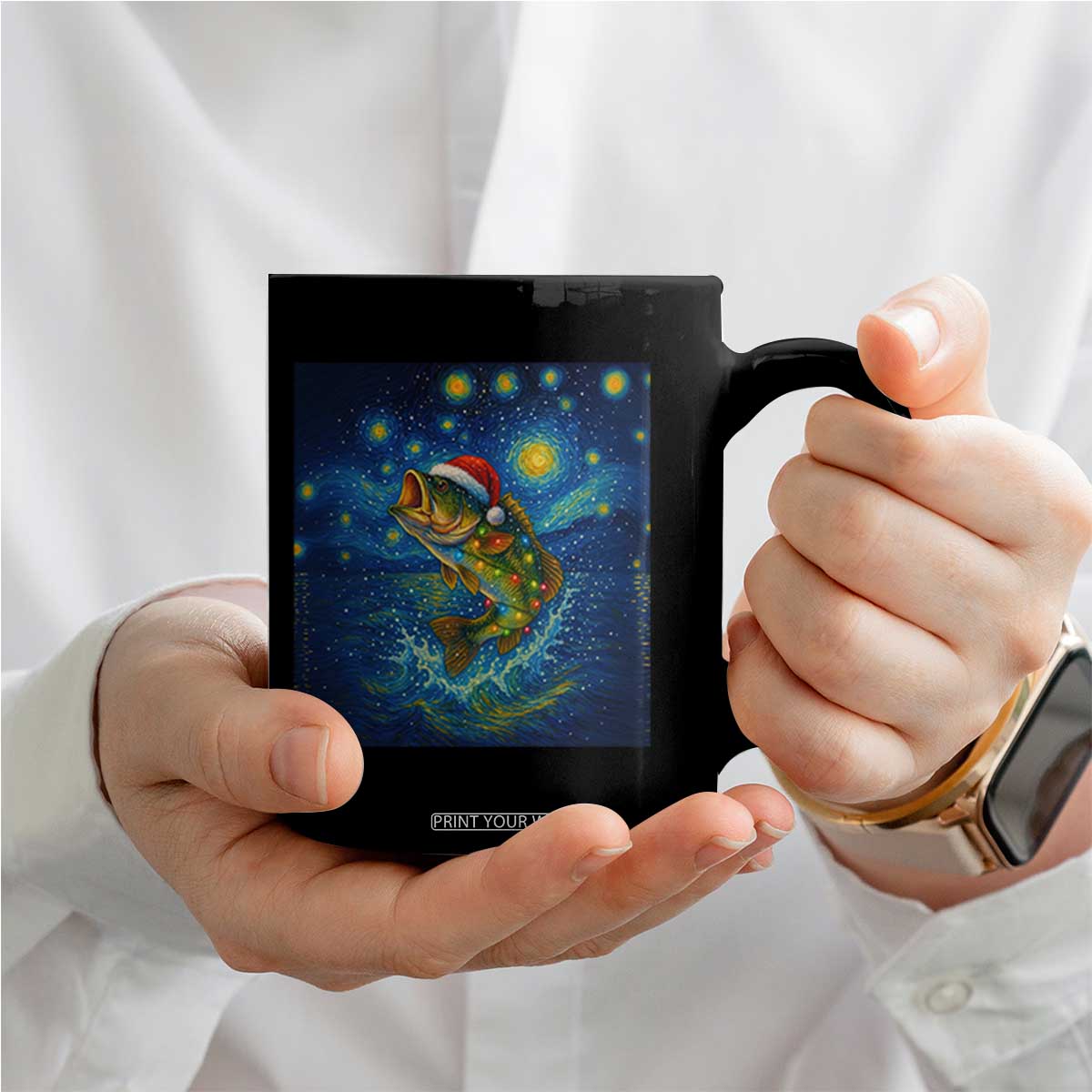 Bass Fish Christmas Coffee Mug Starry Night Fishing Van Gogh TS14 Print Your Wear