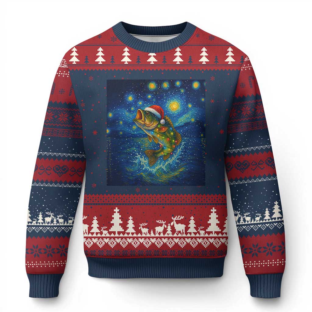 Bass Fish Xmas Ugly Christmas Sweater Starry Night Fishing Van Gogh TS14 Navy Red Print Your Wear