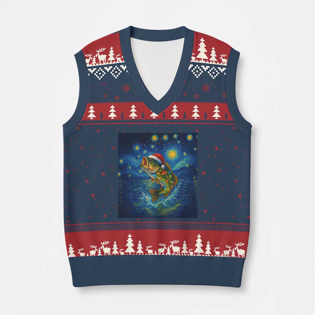 Bass Fish Xmas V-Neck Knit Sweater Vest Starry Night Fishing Van Gogh TS14 Navy Red Print Your Wear
