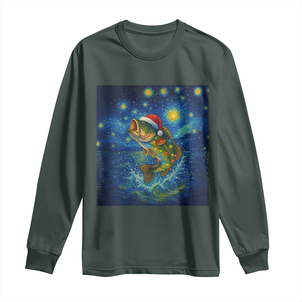 Bass Fish Christmas Long Sleeve Shirt Starry Night Fishing Van Gogh TS14 Dark Forest Green Print Your Wear