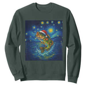 Bass Fish Christmas Sweatshirt Starry Night Fishing Van Gogh TS14 Dark Forest Green Print Your Wear