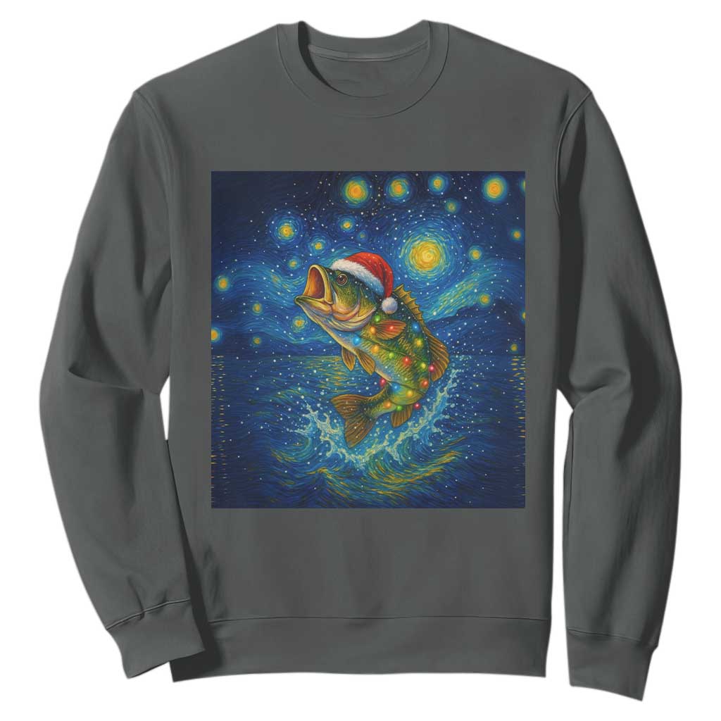 Bass Fish Christmas Sweatshirt Starry Night Fishing Van Gogh TS14 Dark Heather Print Your Wear