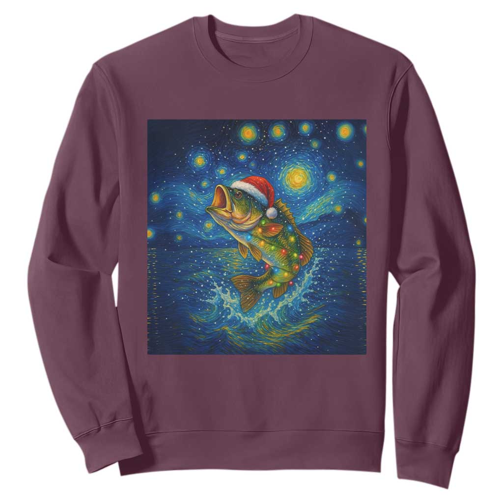 Bass Fish Christmas Sweatshirt Starry Night Fishing Van Gogh TS14 Maroon Print Your Wear