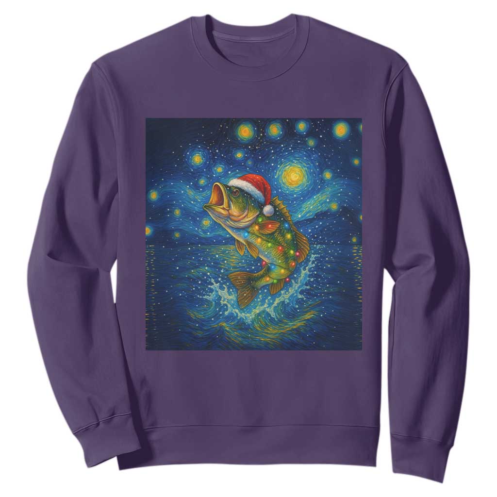 Bass Fish Christmas Sweatshirt Starry Night Fishing Van Gogh TS14 Purple Print Your Wear