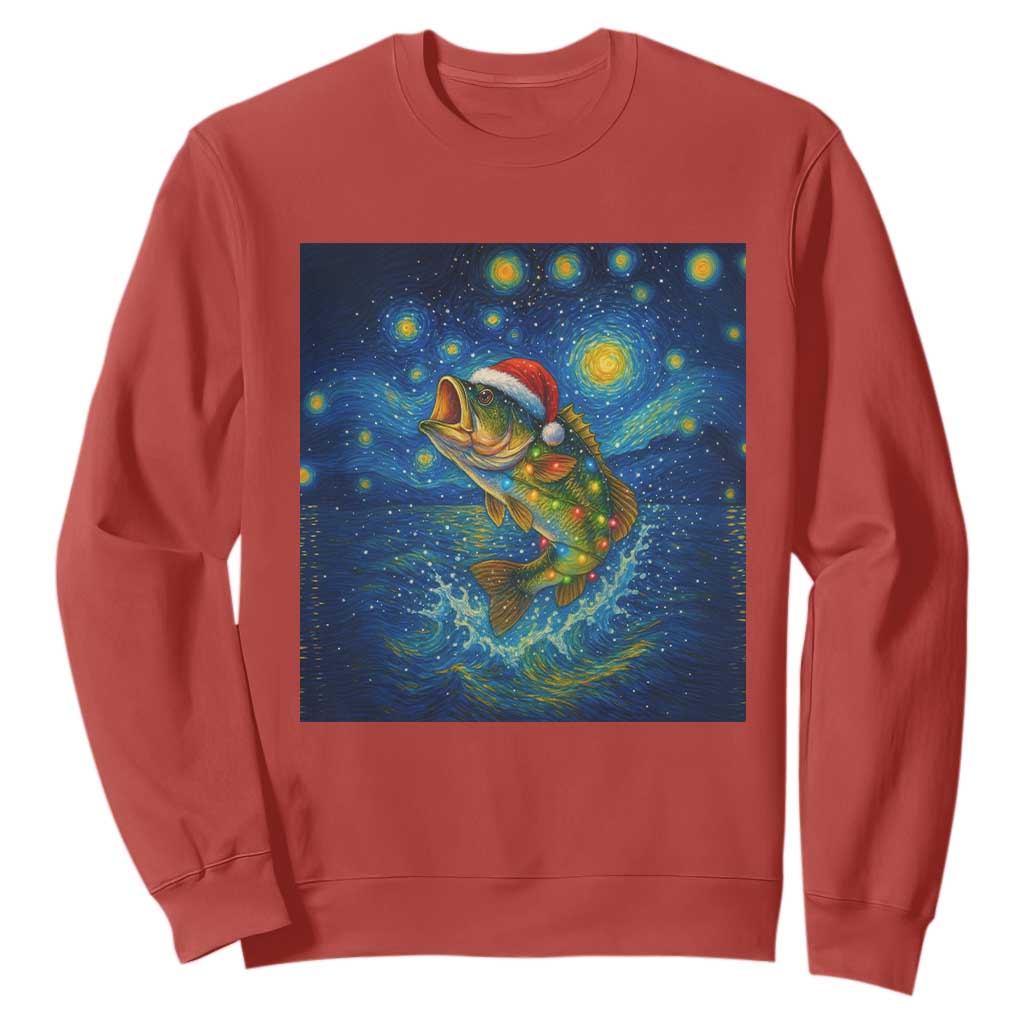 Bass Fish Christmas Sweatshirt Starry Night Fishing Van Gogh TS14 Red Print Your Wear